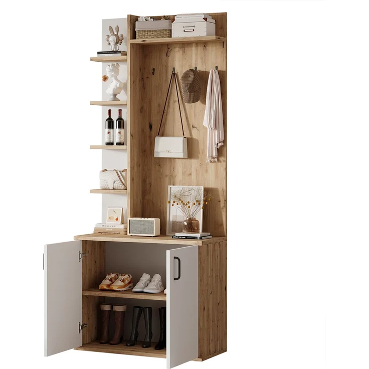 75*33*180cm Garderobenständer mit Garderobe, Schuhaufbewahrung, Flurausstattung mit Kleiderhaken, Flurschrank mit 5-lagiger Stauraumeinteilung und Stauraumschränken, Original Holzfarbe + weißes – Bild 5