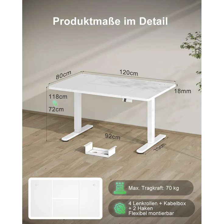 Devoko Elektrisch Höhenverstellbarer Schreibtisch Holzwerkstoff und Metall Weiß 120 x 80 x 72-118 cm – Bild 2