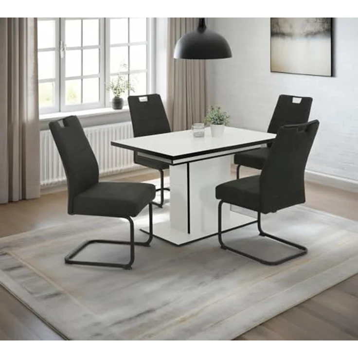 Hela Tische, Esstisch Säulentisch Ariana, Dekor Weiß melaminbeschichtet Kanten Schwarz, ausziehbar, Maß 120-160x80 cm – Bild 3