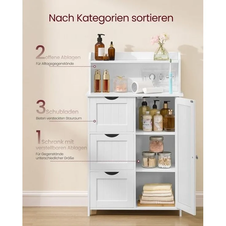 VASAGLE Badezimmerschrank, Badschrank, stehend, mit Tür, Steckdosenleiste, Schubladen, Schrank für Toilettenpapier, Toilettenschrank, verstellbare Ablagen, 30 x 60 x 100 cm, wolkenweiß BBC775W03 – Bild 4