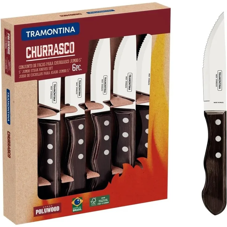 Tramontina Steakmesser JUMBO - 6 teiliges Set mit FSC Holzgriff (6 Stück), Echtholzgriff, rostfreier Edelstahl, spülmaschinenfest