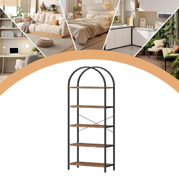 GarveeLife Bücherregal mit 5 Ebenen, 60x28x180cm, Industrielles Gebogenes Bücherregal mit Offenen Regalen für Zuhause, Büro, Wohnzimmer, Schlafzimmer, braun – Bild 7