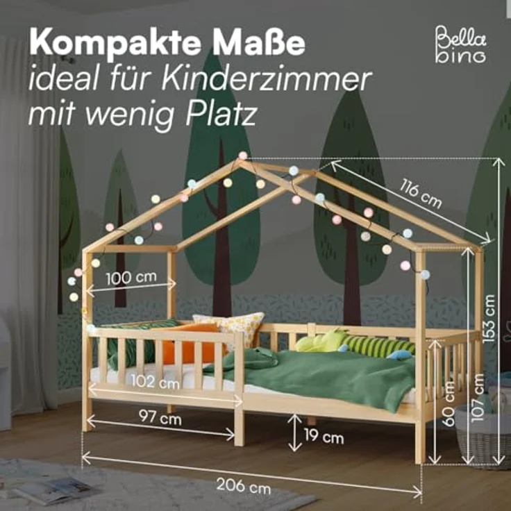 Bellabino Bia Kinderbett 90x200 cm – Hausbett mit Matratze, Rausfallschutz & Lattenrost – Montessori Bodenbett aus Massivholz Kiefer – Kinder Bett in Natur für Jungen und Mädchen – Bild 2