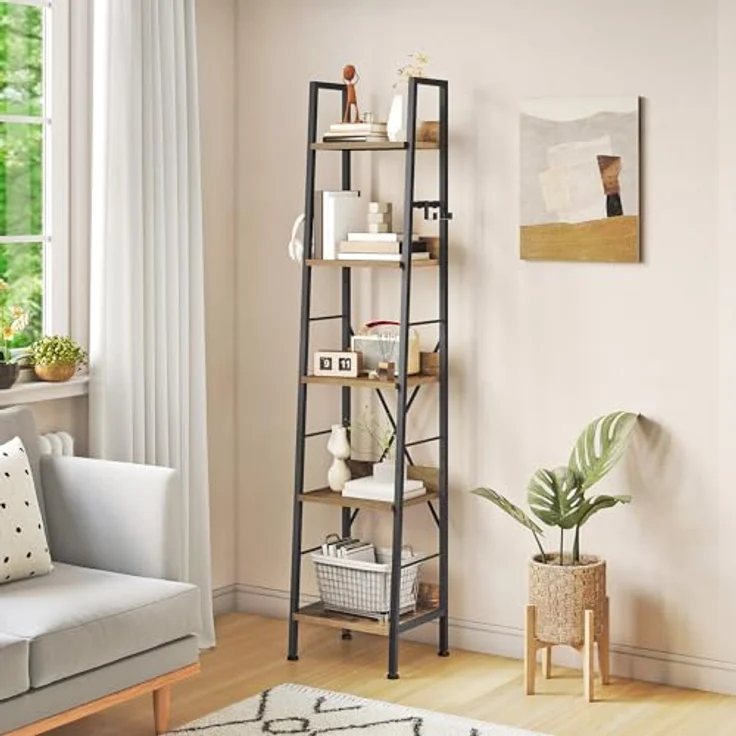YITAHOME Schmal Bücherregal mit 5 Ebenen 35 cm Breit, Industrielles Leiterregal Standregal Holzregale und Metallrahmen, Modernes Regal für Wohnzimmer, Büro, Rustikales Braun – Bild 2