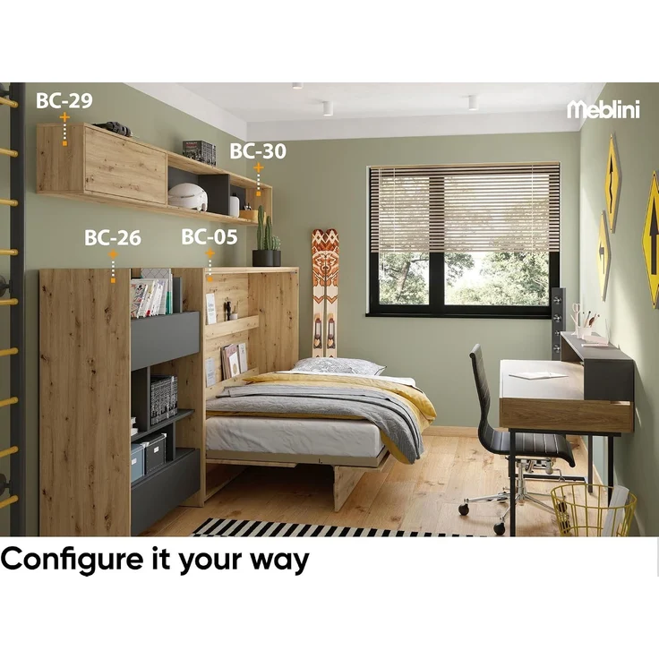 MEBLINI Schrankbett BC-06 - 90x200cm Horizontal - Dunin Eiche mit Matratze - Wandbett mit Lattenrost - Klappbett mit Schrank - Wandklappbett - Murphy Bed - Bettschrank – Bild 9