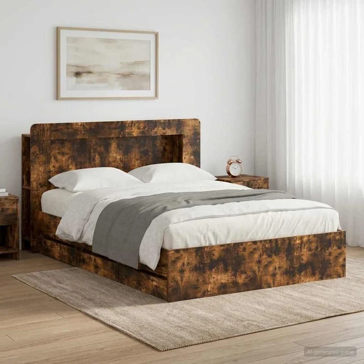 vidaXL Bettgestell mit Stauraum und Kopfteil Räuchereiche 135 x 190 cm 3434037 – Bild 1