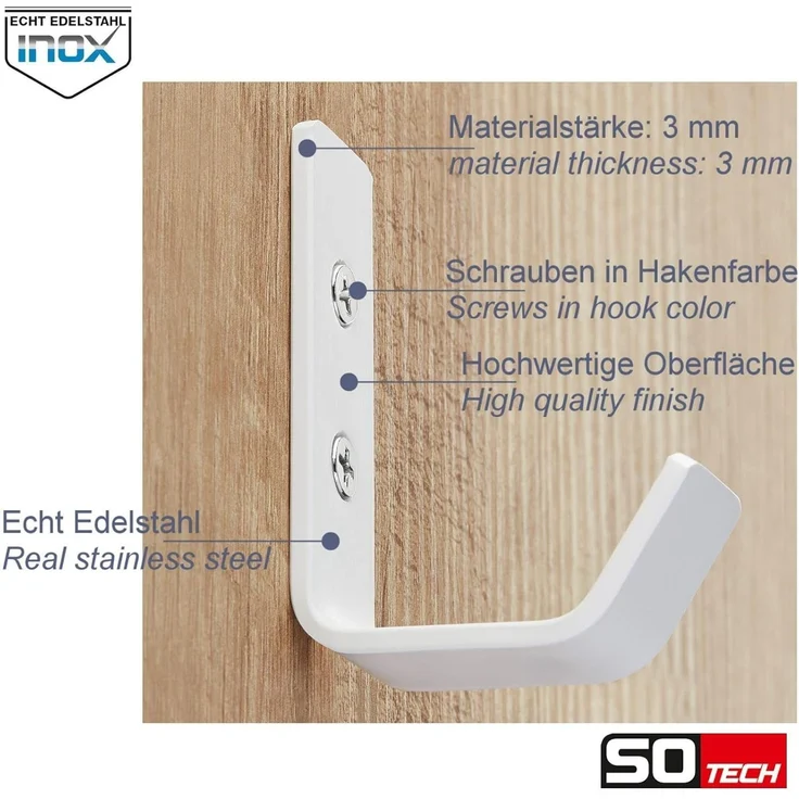 SO-TECH® Kleiderhaken Loxten 60 x 20 x 45 mm oder 142 x 20 x 45 mm Edelstahl, (5-St), verschiedene Farben Garderobenhaken Wandhaken bunt – Bild 4