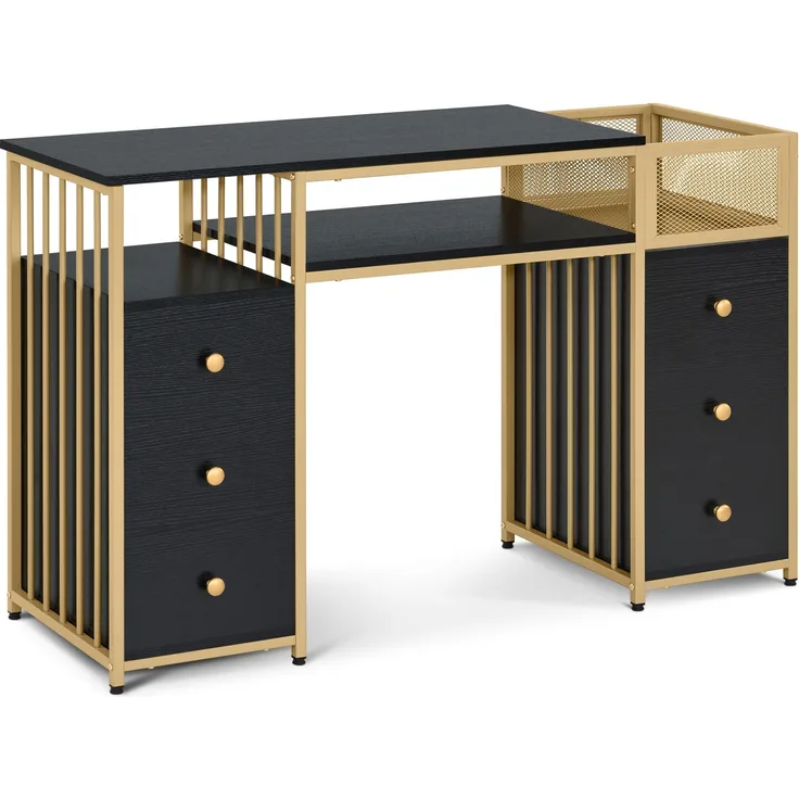 M MCombo Schreibtisch mit 6 Schubladen, Nageltisch aus Holz Metallgestell, Manikürtisch Schwarz-Gold, Schminktisch ohne Spiegel Modern, Computertisch mit Ablagen Wohnzimmer, 46x125x81cm, 2425