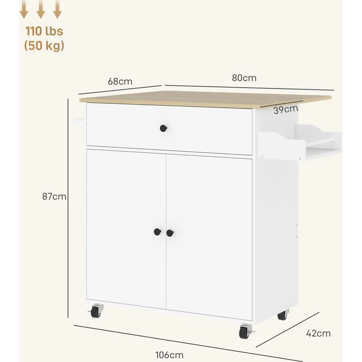 Küchenwagen 106 x 42 x 87 cm aus MDF, weiß, mit klappbarer Arbeitsplatte – Bild 4