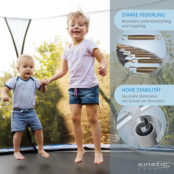 KINETIC SPORTS Trampolin Outdoor 'Salto Plus' - Komplett-Set für Kinder, USA Sprungtuch, Netz, Randpolster, Leiter, Blau-4, Ø 275 cm – Bild 4