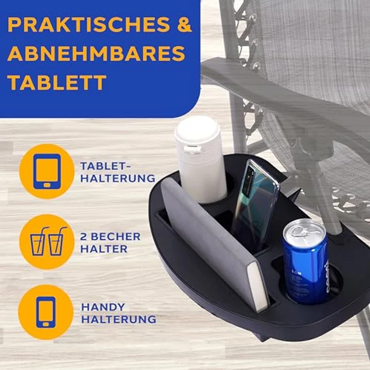 SereneLife Sonnenliege Klappbar 2er Set, Zero Gravity Liegestuhl Garten, bis 120 kg Grau, Verstellbar und Wetterfest, mit Tisch Getränkehalter und Kopfkissen, für Balkon Terrasse Camping Strand Relax – Bild 5