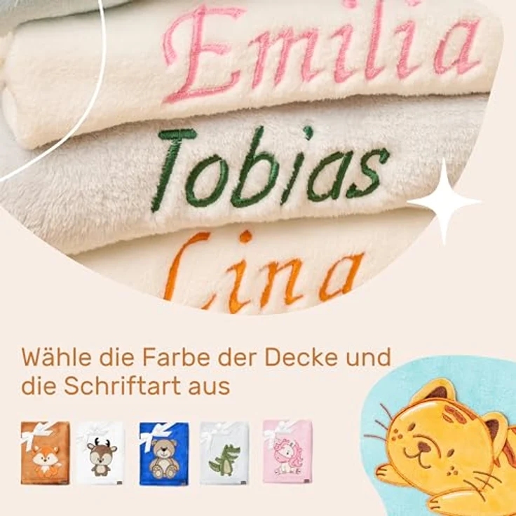 Be Mammy Personalisierte Babydecke mit 3D Applikation Warme Kuscheldecke mit Namen und Geburtsdatum; Perfektes Baby Geschenk; Blanket; Krabbeldecke BE20-280 (Puderblau - Katze) – Bild 5
