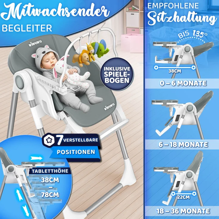 KIDUKU® Hochstuhl Baby 3in1 mit Neugeborenenaufsatz + Lätzchen, Spielbogen & Tisch | Kinderhochstuhl klappbar mit Liegefunktion | Kombihochstuhl höhenverstellbar | Babystuhl mitwachsend 0-36 Monate – Bild 7