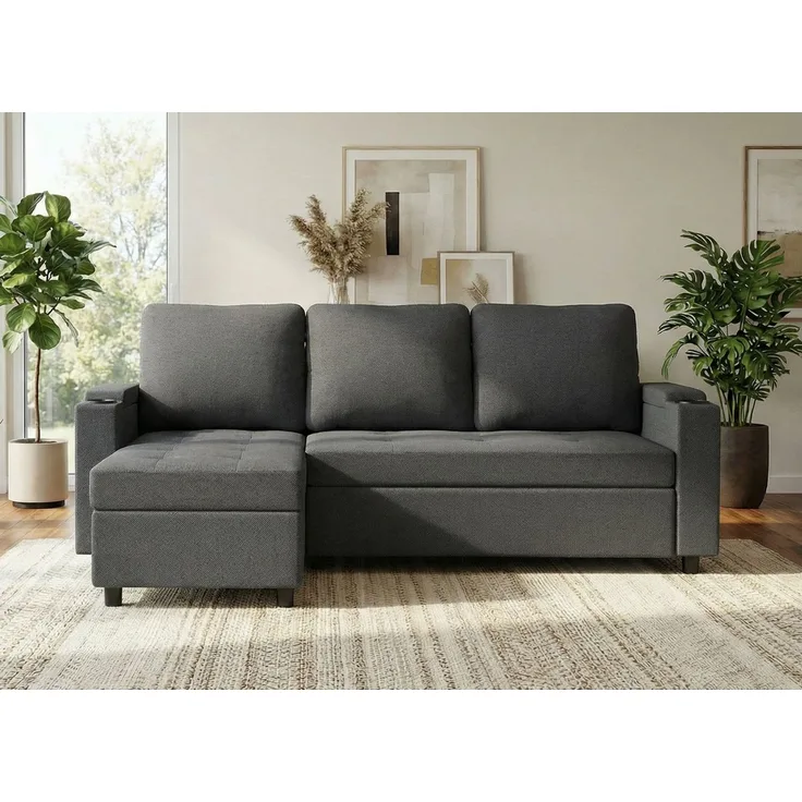 HOMALL Ecksofa Multifunktionales L-Form Schlafsofa, mit Stauraum, Gästebett-Funktion, wechselbarer Links-/Rechtsposition, Tassenhaltern & Seitentasche