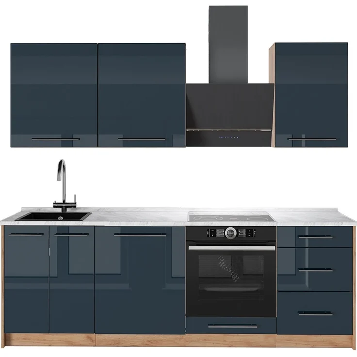 Küchenzeile Fame-Line Dunkelblau Hochglanz/Goldkraft Eiche 230 cm, AP Marmor Vicco – Bild 1