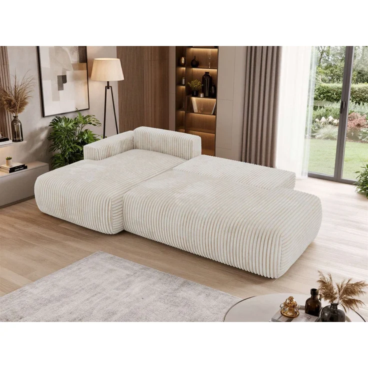 Ecksofa TAREN L mit Schlaffunktion, Bettkasten, DL-Mechanismus, Wellenfederung und freistehendem, Sofa mit Stauraum - Beige Cord - Links – Bild 6