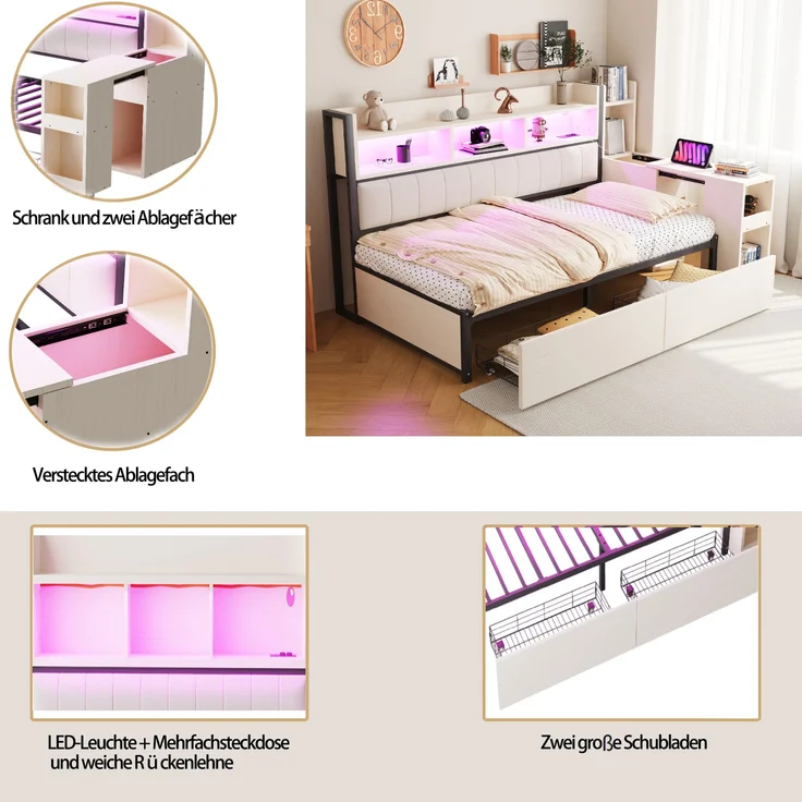 Bett 90x200 cm mit Stauraum und ausklappbarem Schreibtisch – Weiß, Metall & Holz – Bild 4