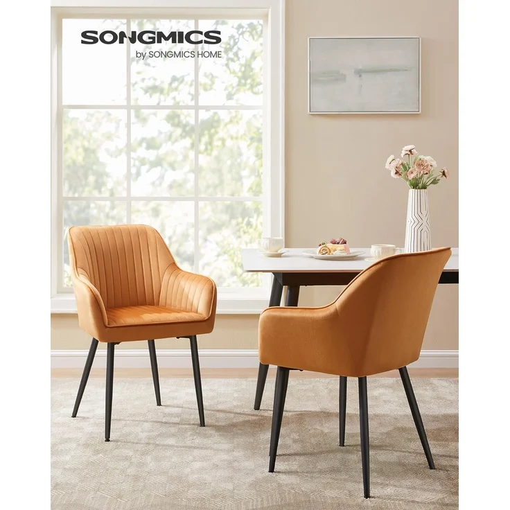 SONGMICS Esszimmerstuhl, Küchenstuhl, Sessel, Samt, Polsterstuhl mit Armlehnen, Loungesessel, bis 120 kg belastbar, Metallbeine, für Esszimmer, Küche, karamellbraun-tintenschwarz LDC087K01 – Bild 4