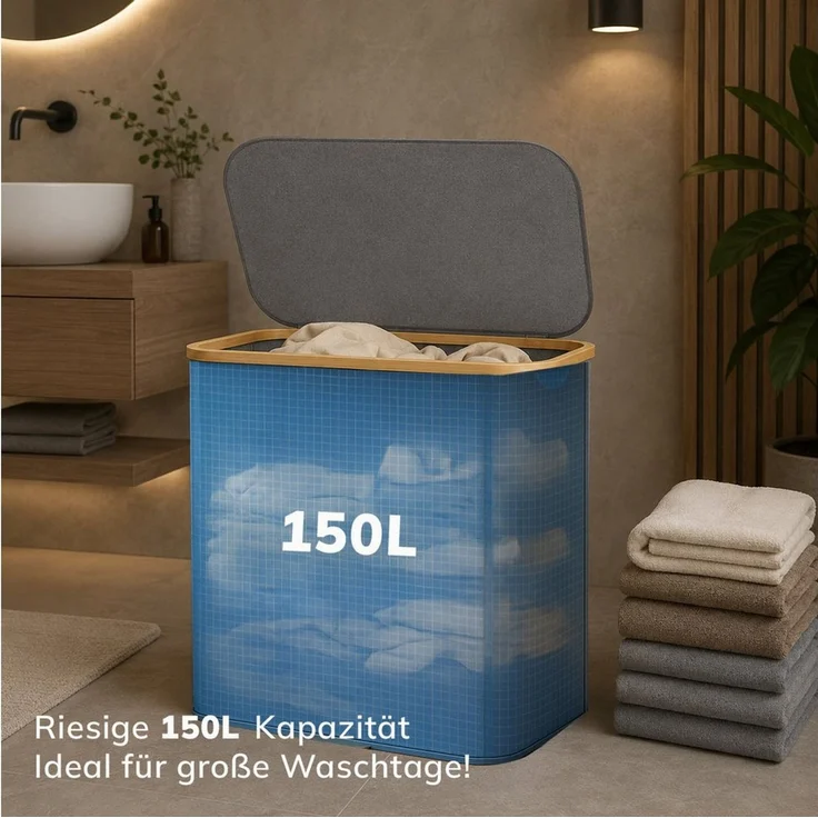 Roxlin Wäschekorb Wäschekorb 150L faltbar mit Deckel, wasserdicht, 2 Taschen – Bild 2