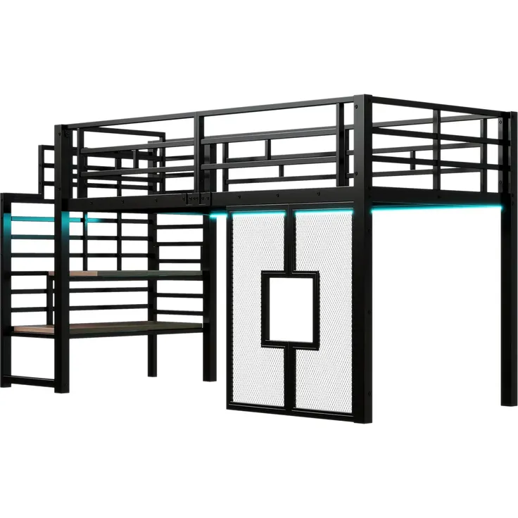 Hochbett mit LED-Streifen, Lattenrost, Rausfallschutz und Fenstern, Treppe mit Regal, 90x200 cm, Einzelbett, Kinderbett, Metall – Bild 8