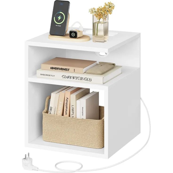 EUGAD Nachttisch, Nachtschrank Beistelltisch mit Ladefunktion, 2 AC-Steckdosen, 1 USB-Anschluss, 1 Type-C-Anschluss, Nachtkästchen für Schlafzimmer, Wohnzimmer, Weiß