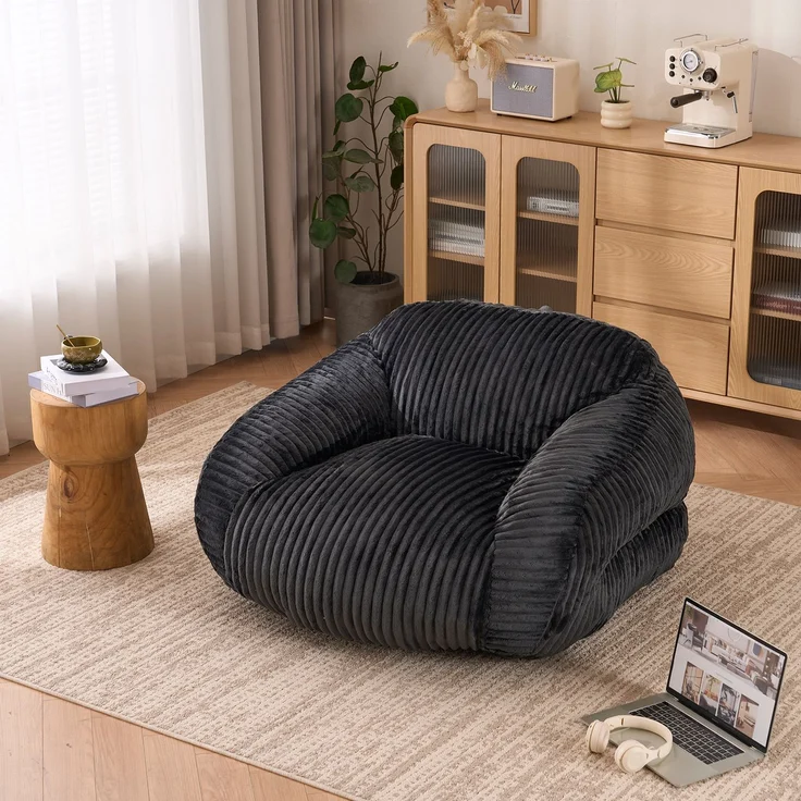 Sitzsack für Erwachsene, flauschiger Loungesessel Cord, vakuumverpackt und montagefrei, für Wohnzimmer, Schlafzimmer, Balkon(Dunkelgrau)--Dunkelgrau--116x110x61cm--YOUDENOVA – Bild 1