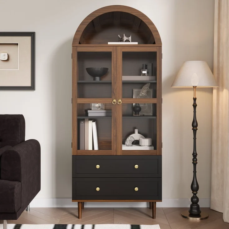 Kommode Aufbewahrungsschrank mit verstellbaren Einlegeböden,Moderner Retro-Aufbewahrungsschrank aus gewölbtem Glas,Verstellbare Regale,Luxuriöses Sideboard--Nussbaum--70x38x168cm--YOUDENOVA – Bild 7