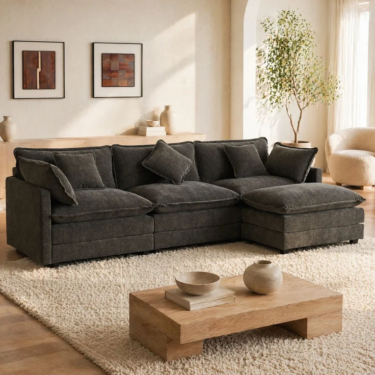 DESVIAE Sofa, 3-Sitzer mit beweglichem Fußhocker, 283x84x147 cm, Chenille, Dunkelgrau – Bild 2
