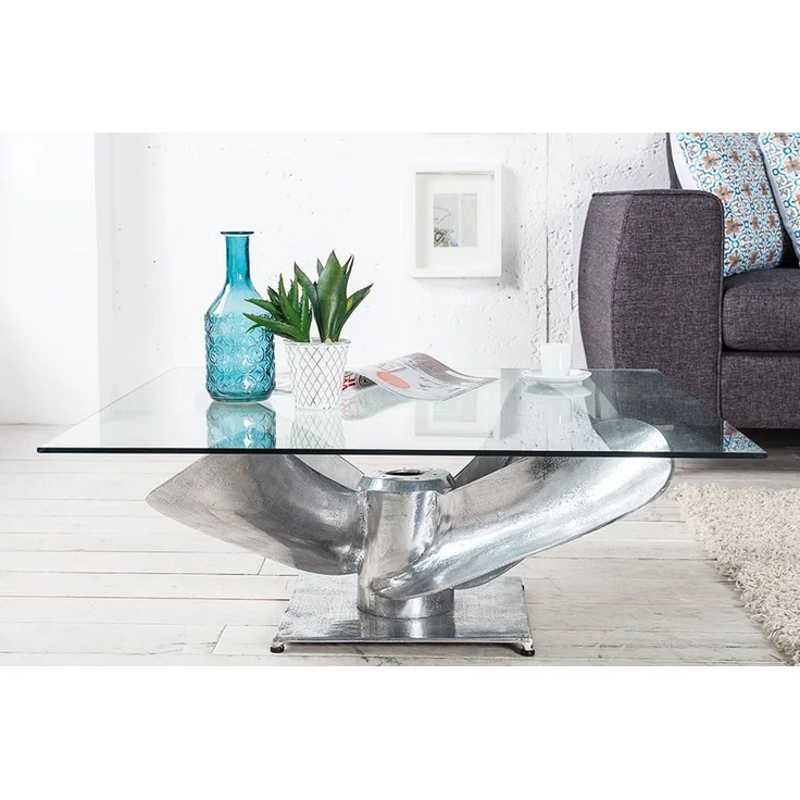 Design Couchtisch ELICA 80cm silber Aluminium Schiffsschraube Maritim Glasplatte – Bild 2