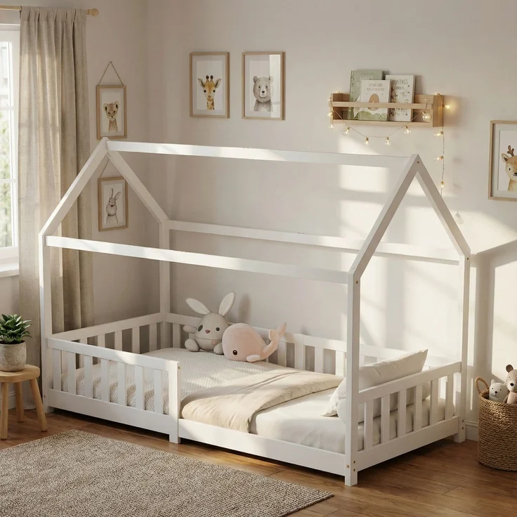 ecoMI Hausbett mit Rausfallschutz und Lattenrost, Kiefernholz weiß, 80x160 cm – Bild 1