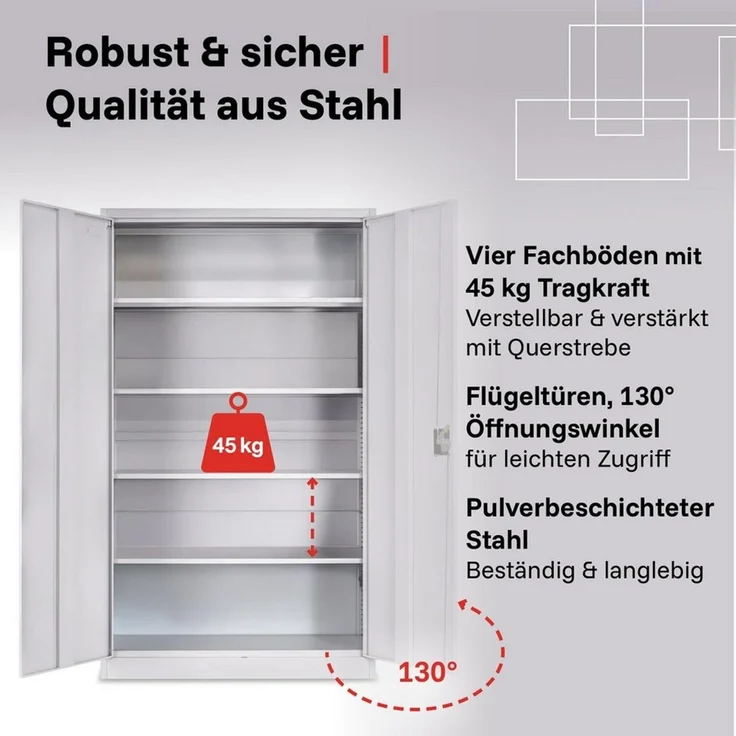 LagerZwei Aktenschrank Stahlschrank 195x100x50 cm (1-St) 3-fach verriegelt, 4 Böden, bis 60 Ordner, Flügeltüren 130° – Bild 2
