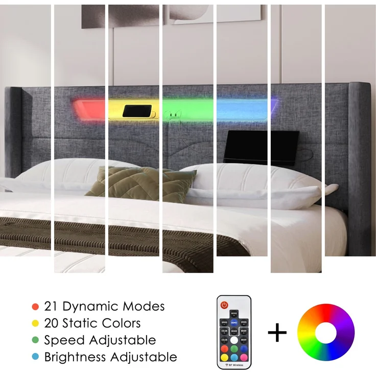 Polsterbett LED Doppelbett mit USB Typ C Ladefunktion und LED-Beleuchtung,Stauraumbetten Bettgestell aus Leinenmaterial Jugendbett 140x200 mit lattenrost(Ohne Matratze) – Bild 7