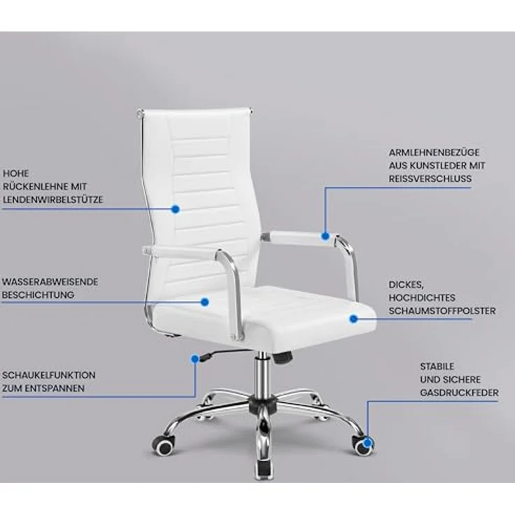 Yaheetech Bürostuhl ergonomischer Schreibtischstuhl mit Armlehnen, Chefsessel Computerstuhl hoher Rückenlehne, Arbeitsstuhl mit Wippfunktion bis 136 kg Belastbar Weiß – Bild 8