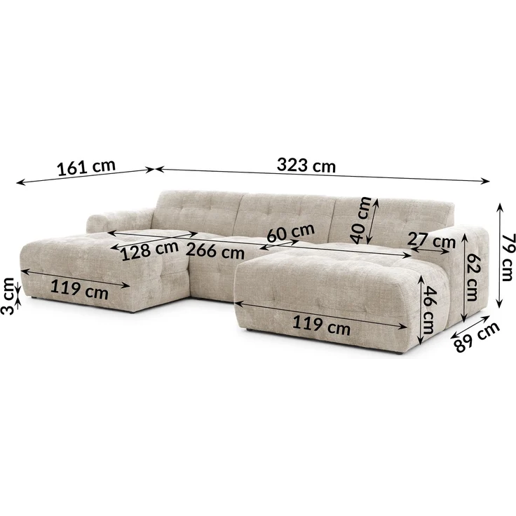 luma-home Wohnlandschaft U-Form 6-Sitzer, raffinierte Steppungen, Chenille-Bezug in Sand Grau, 323 x 161 x 79cm – Bild 8