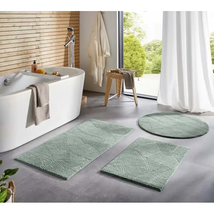 Taracarpet Badematte Homestyle, rutschfest und waschbar, 120 cm rund, grün mit Blättern, sehr weich, Öko Tex zertifiziert