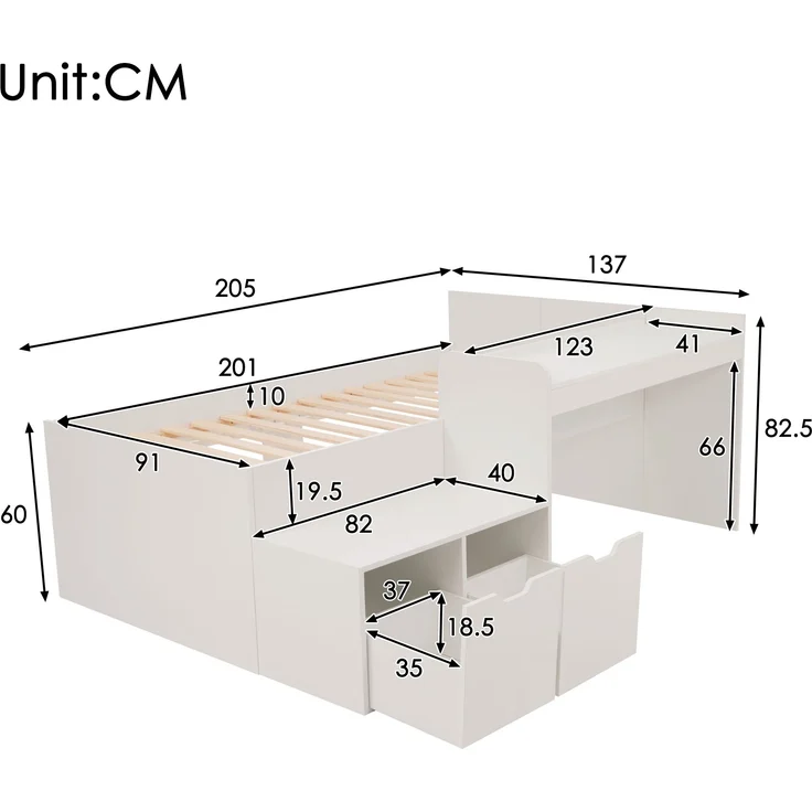 Kinderbett mit Schreibtisch & 2 Schubladen, Kiefer-Massivholz/MDF, 137x205x82,5 cm, Weiß, ohne Matratze – Bild 10
