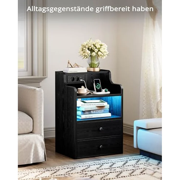 IRONCK LED Nachttisch mit Steckdose, Beistelltisch Holz mit Ladefunktion, Nachtschrank mit 2 AC, 1 USB& 1 Type-C Anschlüsse, Sofatisch mit 2 Schubladen für Wohnzimmer,Schlafzimmer, 45 x 30 x 70 cm Schwarz – Bild 9
