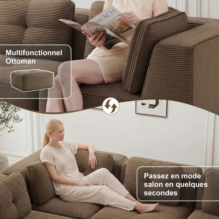 U-förmiges Sofa mit 1 Fußhocker mit Cordbezug und beweglicher Fußauflage, rahmenfreie Lounge-Couch mit breiten Armlehnen ohne Montage, Braun – Bild 16