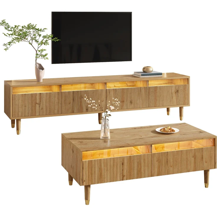Modernes LED-Möbelset: TV-Schrank mit 4 Türen & Couchtisch mit 2 Schubladen – Holzfarben-Gold Design, LED-Beleuchtung, Wellenstruktur & Acrylfront für stilvolles Wohnen--Holz--119x57.78x12.7cm--YOUDENOVA – Bild 1