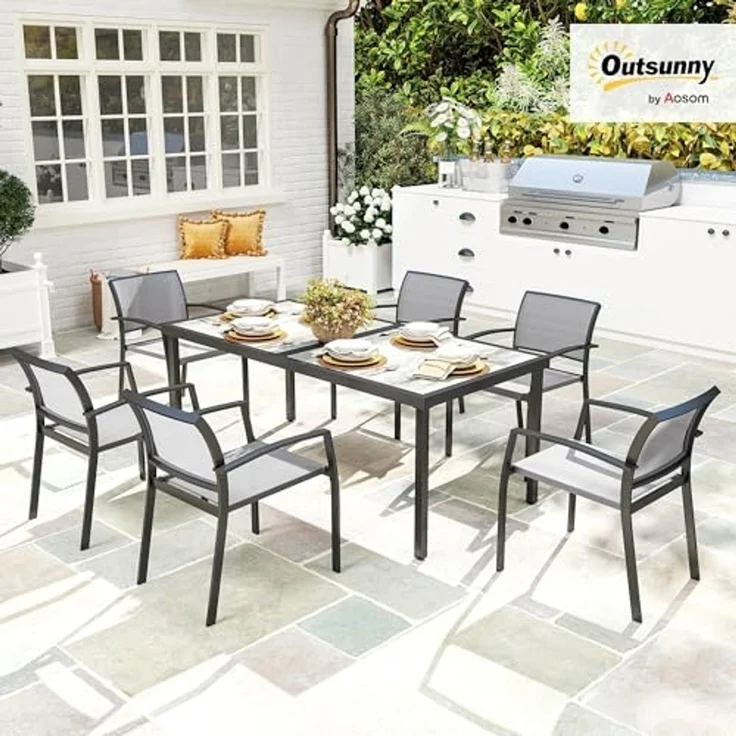 Outsunny Garten-Essgruppe für 6 Personen, Esstisch mit 6 Stapelbare Stühle, (Sitzgruppe, 7-tlg, Esszimmergruppe), mit Stahlgestell, für Terrasse, Balkon Grau – Bild 2