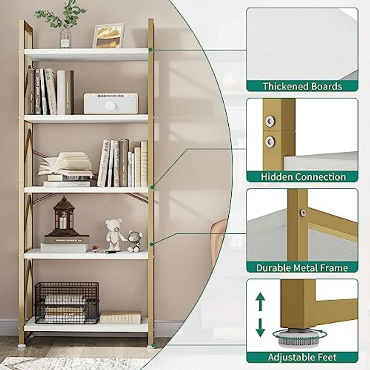 YITAHOME Bücherregal mit 5 Ebenen, Industrielles Standregal Aufbewahrungsregale für Wohnzimmer Bücher Schlafzimmer Büro Küche Zeitschriften, Golden – Bild 4