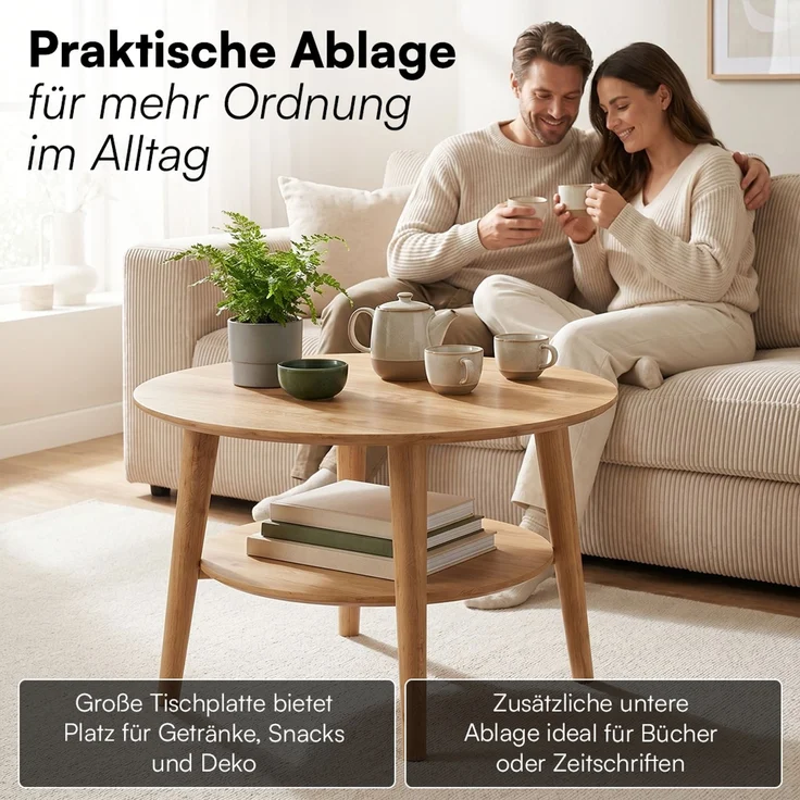 skølm 'Mjölnir' Couchtisch rund, Massivholz Eiche, natur geölt, Wohnzimmertisch Ø70 cm, Beistelltisch für Wohnzimmer mit Ablage – Bild 3