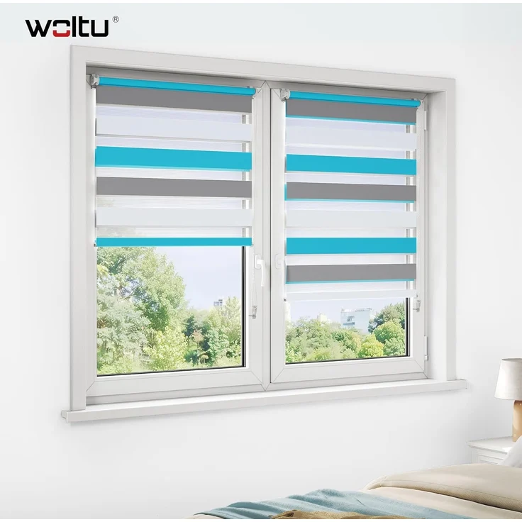 WOLTU Doppelrollo Klemmfix ohne Bohren Weiß+Grau+Türkis B85 x H150 cm, Duo Rollo Zebrarollo Fensterrollo Klemmrollo Seitenzugrollo Easyfix lichtdurchlässig & verdunkelnd Rollos für Fenster und Tür – Bild 2