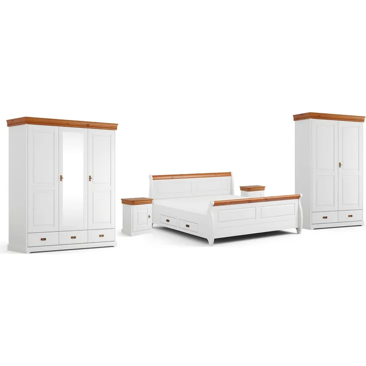 Schlafzimmer-Set Toskania komplett 5-teilig Massivholz gebeizt Ausführung Kiefer weiß / Natur gebeizt