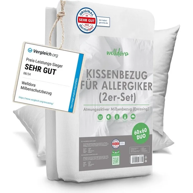 Welldora Kissenbezug für Allergiker, Milbenbezug Kissen, fachärztlich getestet, (1 Stück), Encasing gegen Milben & Bettwanzen ǀ Allergiker Bettwäsche