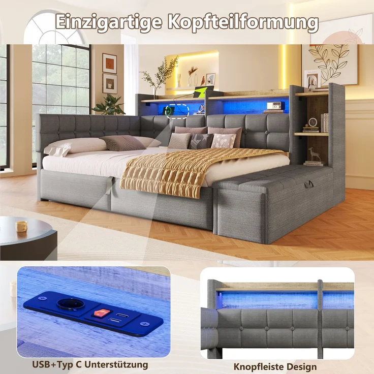 Tagesbett, Daybett, Schlafsofa, 90 × 200 cm, mit hydraulischer Lagerung, USB- und Typ-C-Anschlüssen, Ablagefach, Stauraumbank am Fußende, LED-Lichtleiste, Ohne Matratze, Velvet, Dunkelgrau – Bild 6