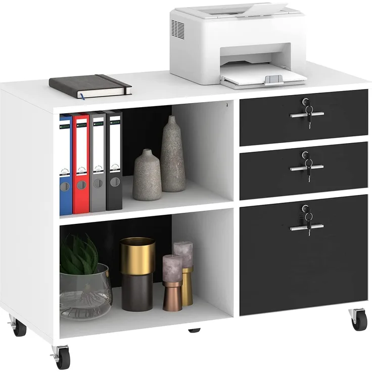 YITAHOME Rollcontainer, Aktenschrank mit 3 Schubladen und 2 Fächern, Mobile Dokumentenschrank mit Umlenkrolle, Geeignet für Drucker, A4, Dokument, Schreibwaren, Zuhause und Büro, Schwarz + Weiß
