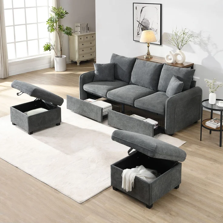 DESVIAE Sofa mit Schlaffunktion, Stauraum und 2 Hockern, Chenille, Dunkelgrau, 188 x 186 x 86 cm – Bild 3