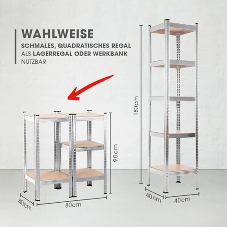 EASYmaxx Schwerlastregal 2er-Set 40 x 40 x 180 cm | 875 kg Traglast, 175 kg pro Ebene | Regal und Werkbank | Kellerregal, Lagerregal mit 5 verstellbaren Ablagen | Für Keller, Garage, Hobbyraum, Werkstatt – Bild 3