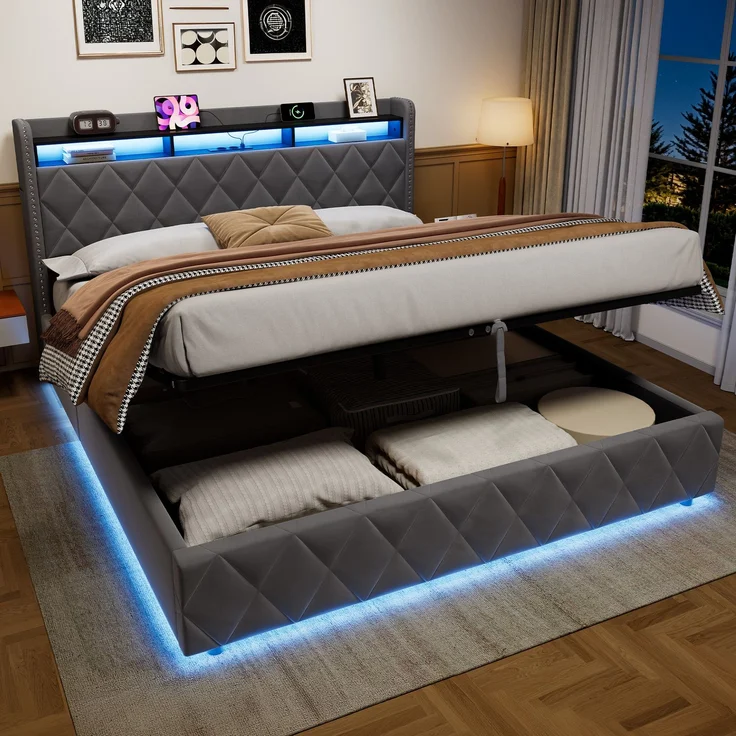 Polsterbett 180x200 cm mit hydraulischem Stauraum, LED und USB-Anschlüssen, Dunkelgrau – Ohne Matratze – Bild 5